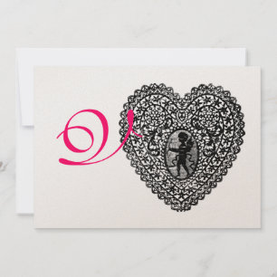 Faire-part MONOGRAMME DE COEUR DE LAINE CUPIDE, or fuchsia ro