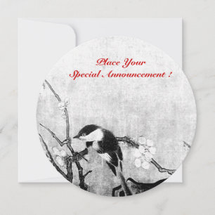Faire-part MONOGRAMME D'OISEAU DE PRINTEMPS, gris, noir et bl