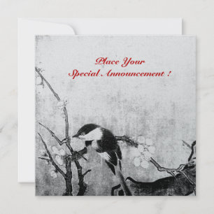 Faire-part MONOGRAMME D'OISEAU DE PRINTEMPS noir blanc gris