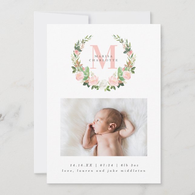 Faire-part Monogramme et roses roses roses roses Wreath Photo (Devant)