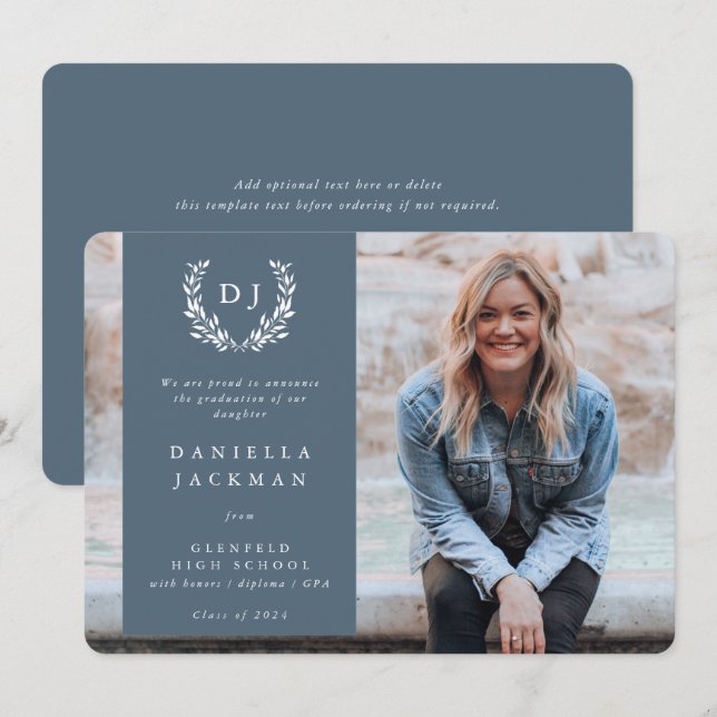 Faire-part Monogramme gris bleu Laurel Wreath Graduation Phot (Devant / Derrière)