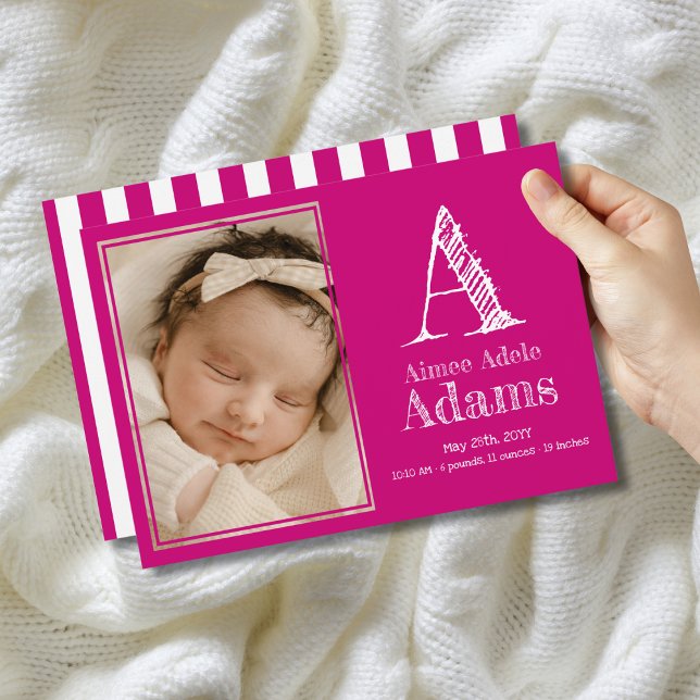 Faire-part Monogramme magenta moderne Statistiques de naissan (Créateur téléchargé)