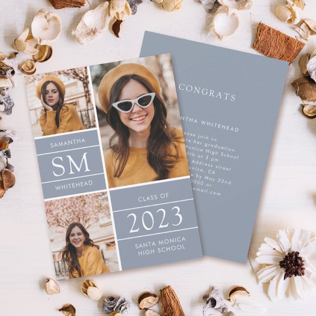 Faire-part Monogramme moderne Collage photo Dusty Blue (Créateur téléchargé)