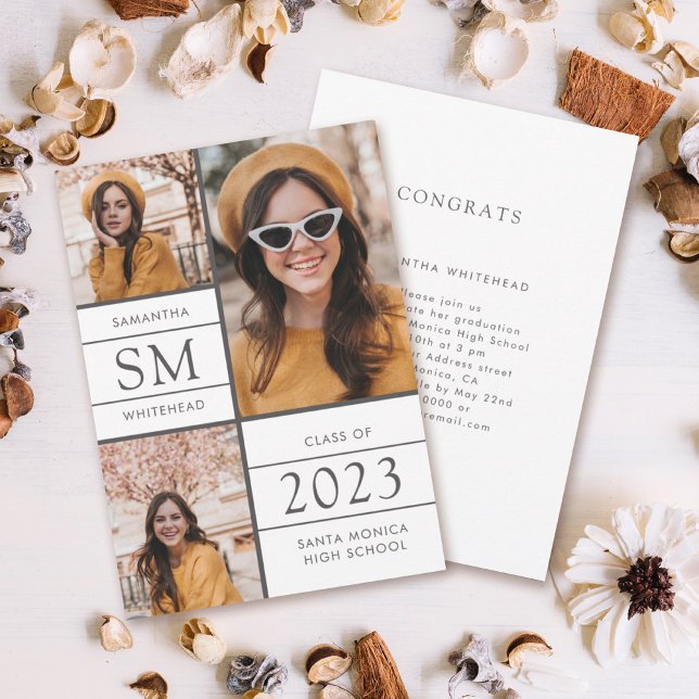 Faire-part Monogramme moderne Collage photo Graduation blanch (Créateur téléchargé)