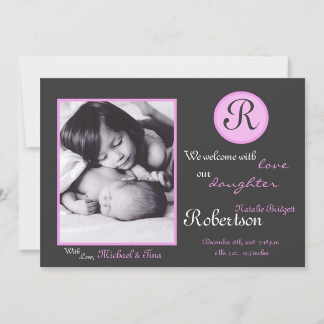 Faire-part Monogramme rose 5x7 photo initiale (Devant)