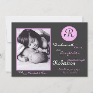 Faire-part Monogramme rose 5x7 photo initiale