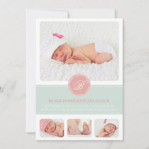 Faire-part Monogramme rose et bleu Bébé Photo Collage Naissan