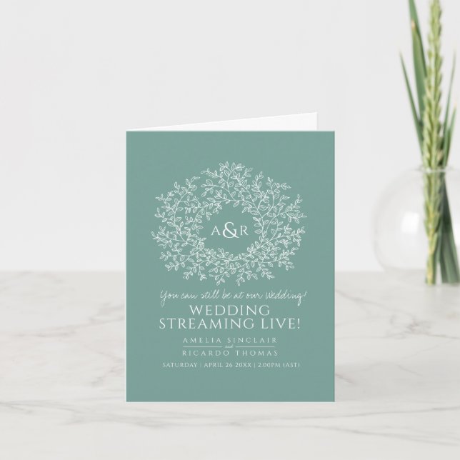 Faire-part Monogramme vert blanc feuille mariage live stream (Devant)