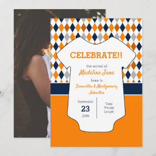Faire-part Motif de Jacquard bleu orange et marine Photo bébé
