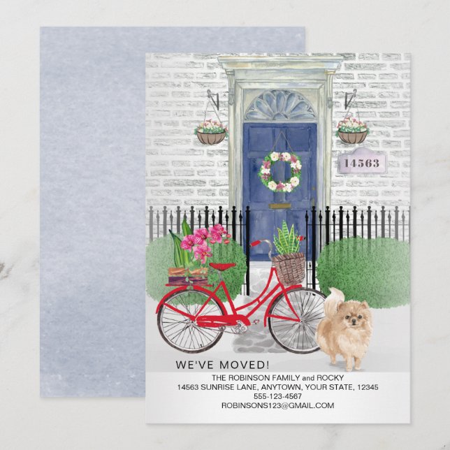 Faire-part Moving Pomeranian Chien Bicycle Porte Bleue Nouvea (Devant / Derrière)