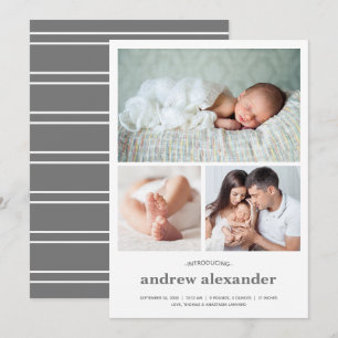 Faire-part Naissance d'un collage photo moderne de trois phot