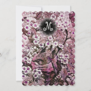 FAIRE-PART NID D'OISEAU, ARBRE FLEURS BLANCHES ET ROSES AU PR