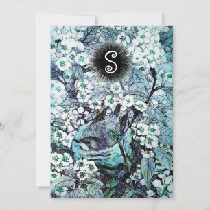 FAIRE-PART NID D'OISEAU, MONOGRAMME FLEURS BLANCHES BLEUES DE