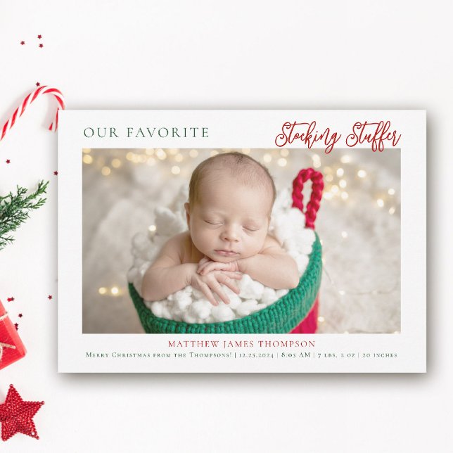 Faire-part Noël Stocker Stuffer Rouge Vert photo bébé (funny christmas baby announcement stocking stuffer funny humorous photo cute adorable red green)