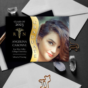 Faire-part Noir  Diplômé en or Vague Caduceus RN Infirmière G