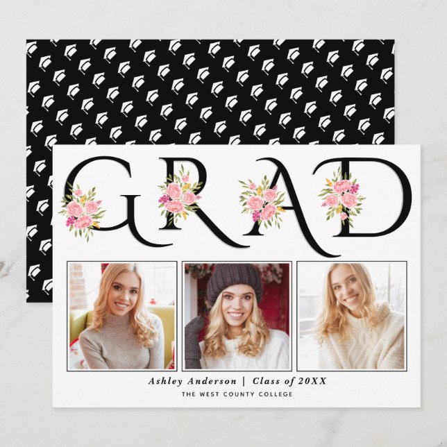 Faire-part Noir GRAD typographie rose roses graduation photo (Devant / Derrière)