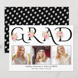 Faire-part Noir GRAD typographie rose roses graduation photo