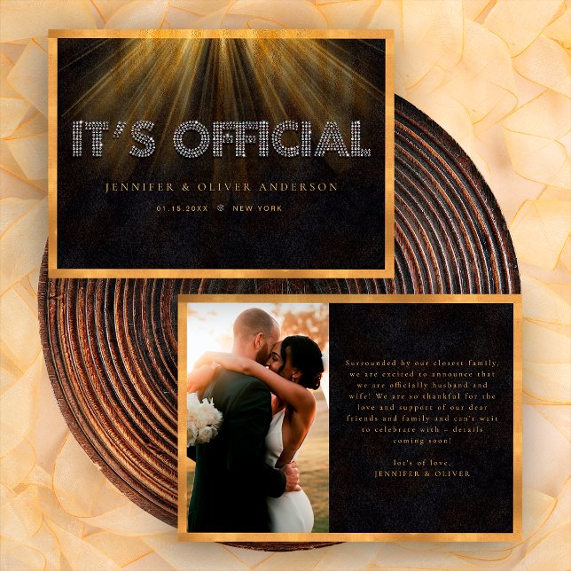 Faire-part Noir Or C'est officiel Photo de mariage Fugue amou (Front / Back)