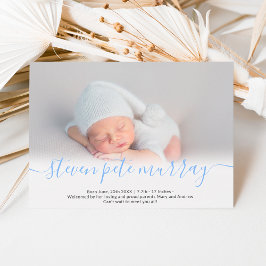 Faire-part Nom script coeur photo bleu garçon bébé naissance