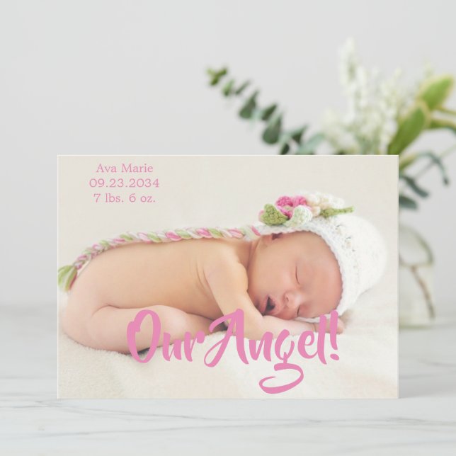 Faire-part Notre Angel Pink Photo Script Personnalisé Naissan (Debout devant)