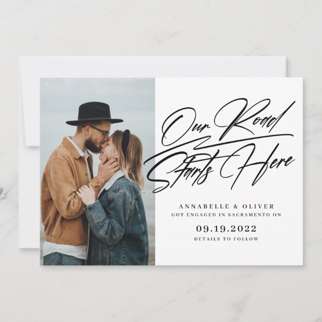 Faire-part Notre route commence ici | Annonce de fiançailles  (Devant)