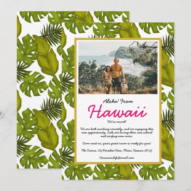 Faire-part Nous avons déplacé Aloha des Feuilles Tropicaux Ha (Devant / Derrière)