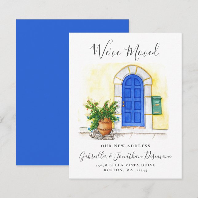 Faire-part Nous avons déplacé Aquarelle Bleue Porte Déménagem (Devant / Derrière)