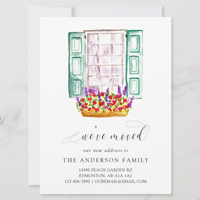 Faire-part Nous avons déplacé Aquarelle Fenêtre Flower Box mû (Devant)
