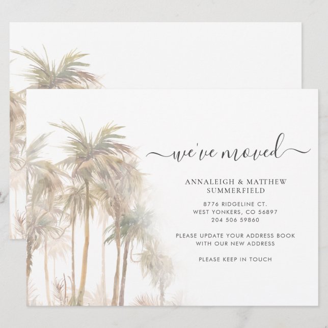 Faire-part Nous avons déplacé Script Palm Trees Aquarelle Mov (Devant / Derrière)