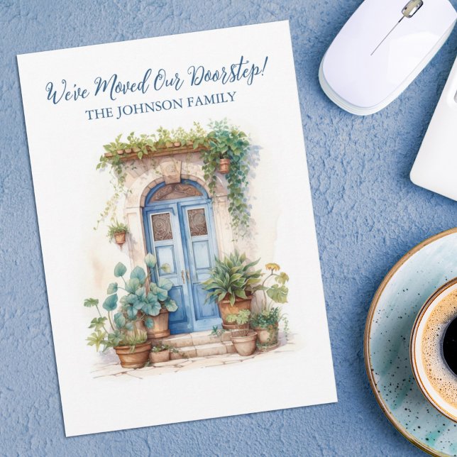 Faire-part Nous avons déplacé une nouvelle adresse Porte d'aq (A pretty watercolor painting of a blue door with house plants. A charming new home/moving card!)