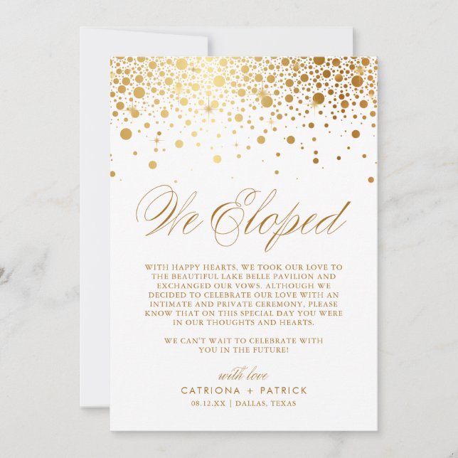 Faire-part Nous avons Elopé Faux Gold Foil Confetti Mariage b (Devant)