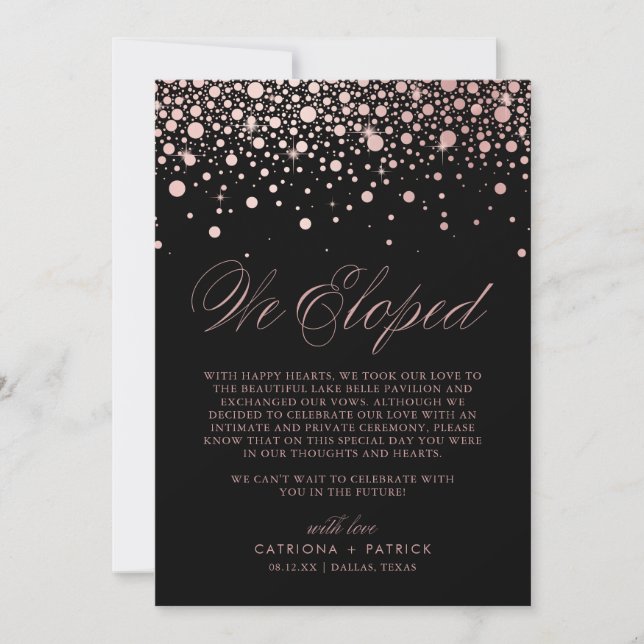 Faire-part Nous avons Elopé Rose Gold Foil Confetti Black Mar (Devant)