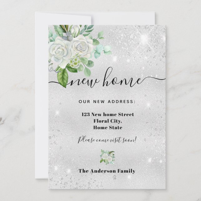 Faire-part Nouvelle adresse domicile argent floral (Devant)