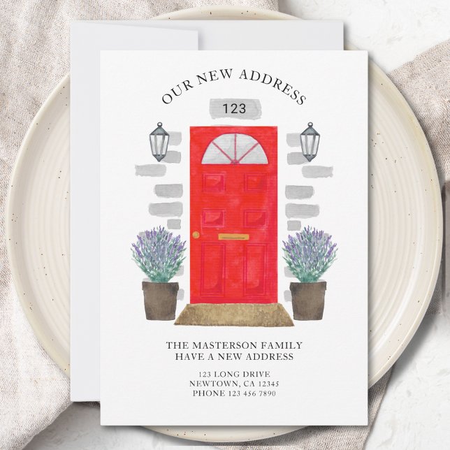 Faire-part Nouvelle adresse Porte rouge Aquarelle Lavande (Créateur téléchargé)