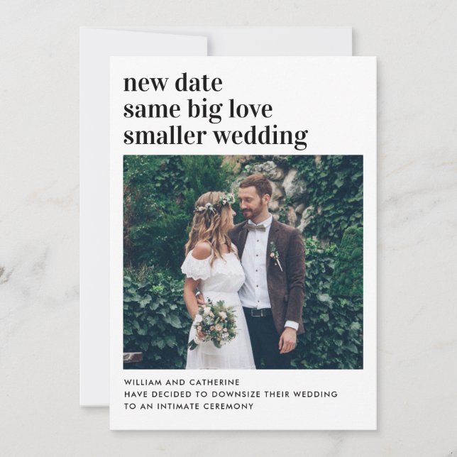 Faire-part Nouvelle Date De Mariage Réduite Même Amour Photo  (Devant)