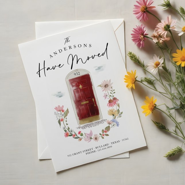 Faire-part Nouvelle maison Rouge Aquarelle Porte Fleur sauvag (New Home Red Watercolor Door Wildflower Floral Announcement)