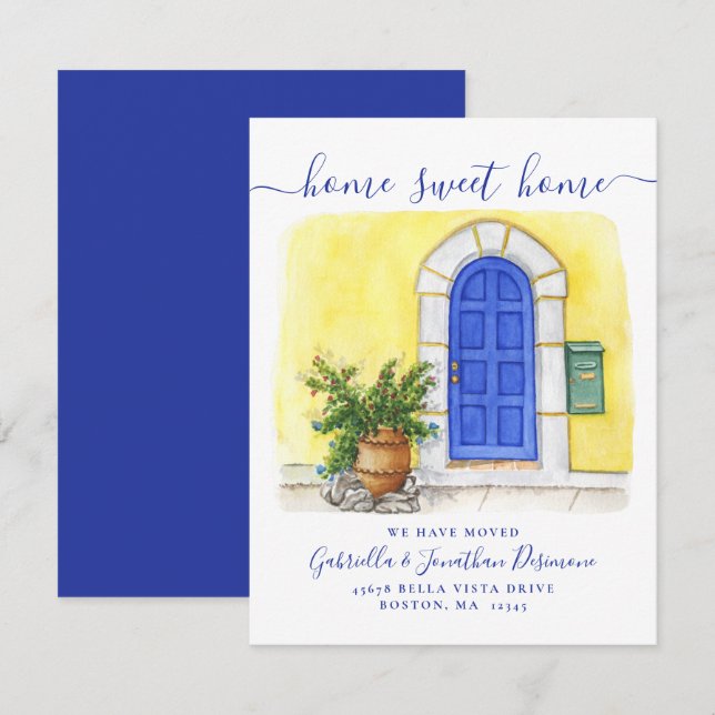 Faire-part Nouvelle maison Sweet Accueil Aquarelle Bleu Jaune (Devant / Derrière)