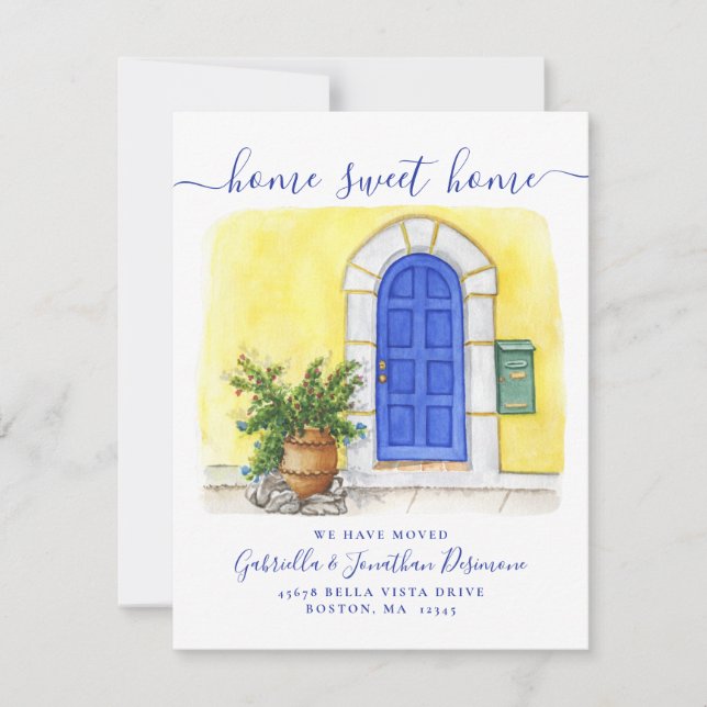 Faire-part Nouvelle maison Sweet Accueil Aquarelle Bleu Jaune (Devant)