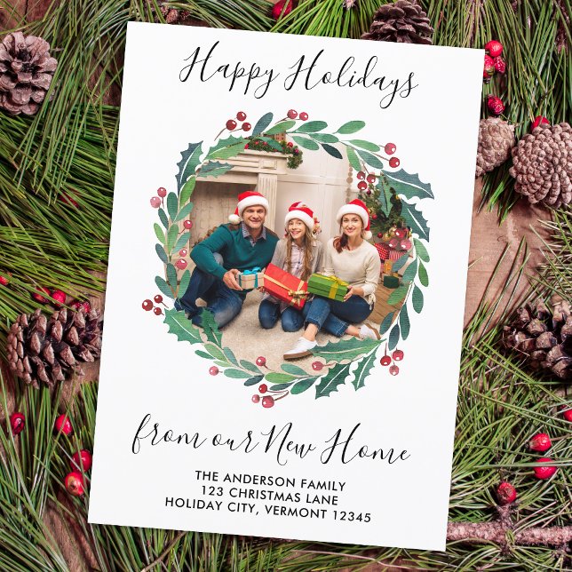 Faire-part Nouvelle maison Verdure Wreath Photo Holiday Movin (Créateur téléchargé)