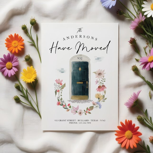 Faire-part Nouvelle maison Vert Aquarelle Porte Fleur sauvage (New Home Green Watercolor Door Wildflower Floral Announcement)