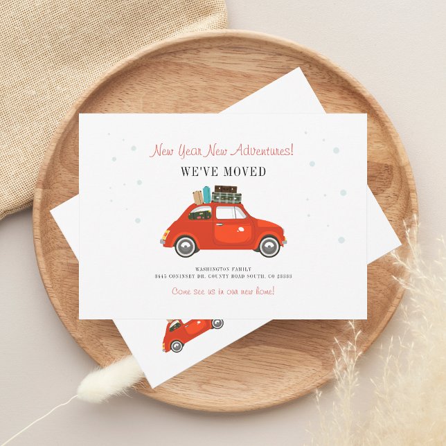 Faire-part Nouvelles aventures Changement d'adresse Déménagem (New Year Adventure Change of Address Red Car and Luggage Moving Announcement)