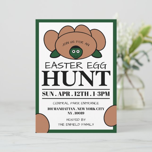 Faire-part Oeuf de tortue verte, chasse aux oeufs de Pâques (Debout devant)
