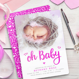 Faire-part Oh Baby Sweet Girl Photo Coeurs Rose Script Naissa
