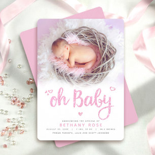 Faire-part Oh Baby Sweet Modern Chic Rose Girl Photo de naiss