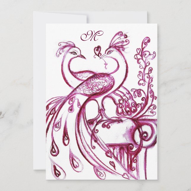 Faire-part OISEAUX D'AMOUR DE MARIAGE MONOGRAMME Rouge Rose B (Devant)