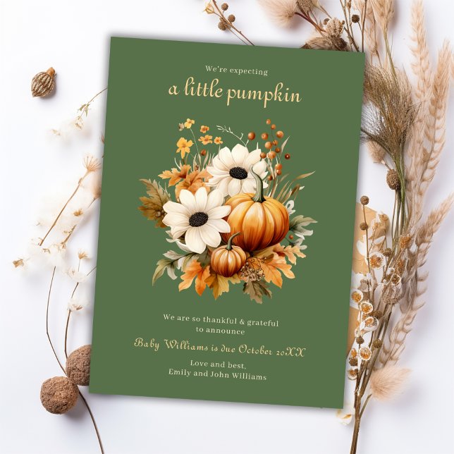 Faire-part Olive Green Attend Une Petite Grossesse Citrouille (We're Expecting A Little Pumpkin Pregnancy Announcement Card)