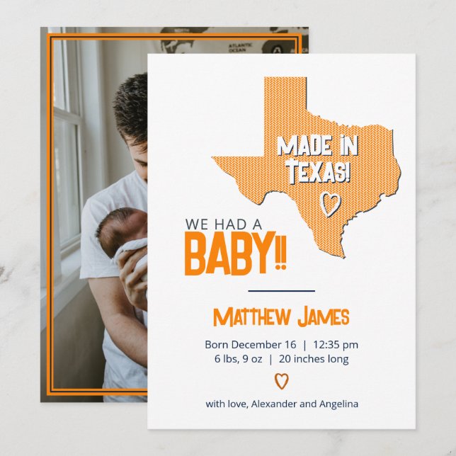 Faire-part Orange Herringbone Fabriqué au Texas Photo Baby (Devant / Derrière)