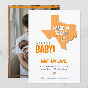 Faire-part Orange Herringbone Fabriqué au Texas Photo Baby