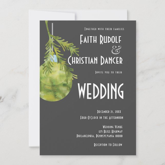Faire-part Ornement de Noël Vert, Mariage Moderne (Devant)