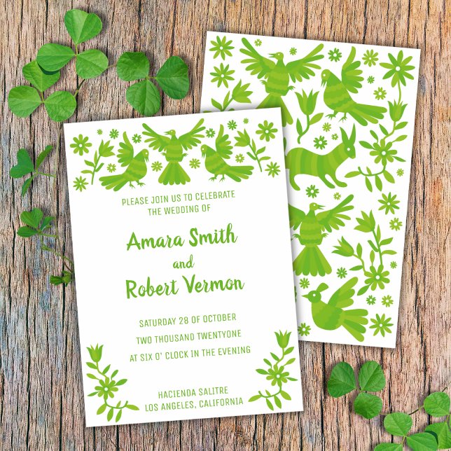 FAIRE-PART OTOMI, MEXIQUE, VERT, FLEURS ET OISEAUX (Créateur téléchargé)